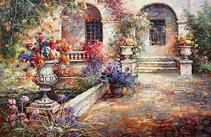 Impressionist Oil Painting of a Sunlit Mediterranean Courtyard with Ornate Flower Urns HD wallpaper