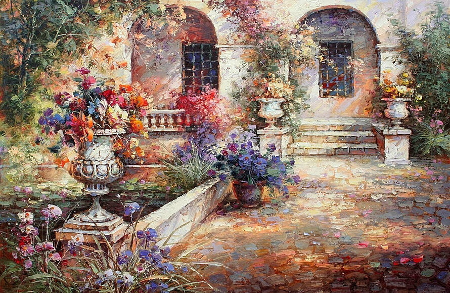Impressionist Oil Painting of a Sunlit Mediterranean Courtyard with Ornate Flower Urns HD wallpaper