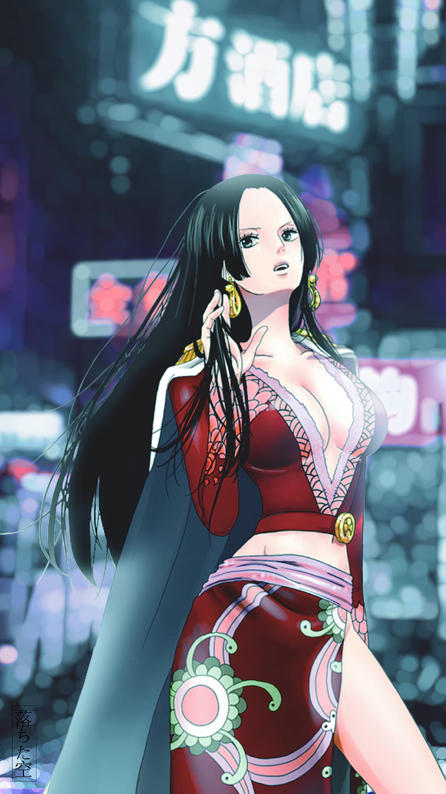 Boa Hancock in Red Outfit on Neon City Street from One Piece HD phone wallpaper