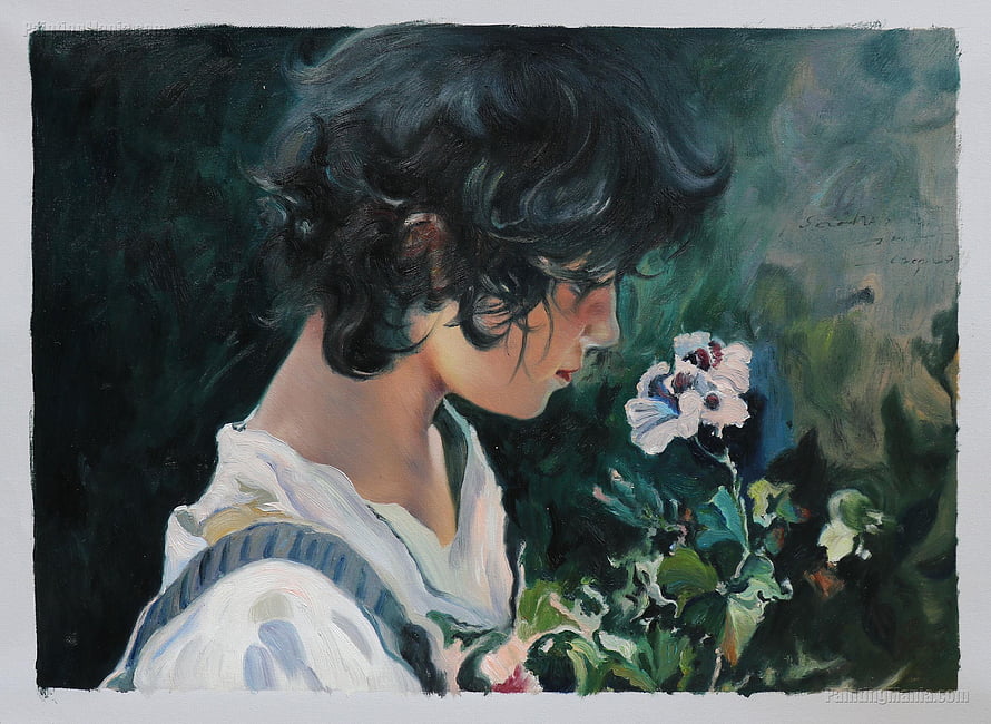 Joaquin Sorolla Oil Painting of a Young Woman Smelling White Flowers HD wallpaper