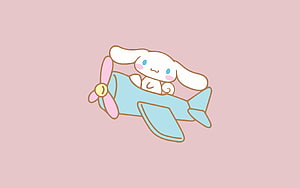 Cinnamoroll Flying a Light Blue Propeller Plane on a Soft Pink Background HD wallpaper