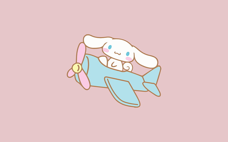 Cinnamoroll Flying a Light Blue Propeller Plane on a Soft Pink Background HD wallpaper
