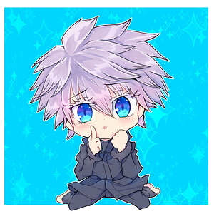 Chibi Satoru Gojo from Jujutsu Kaisen Sitting with Finger on Lip HD phone wallpaper
