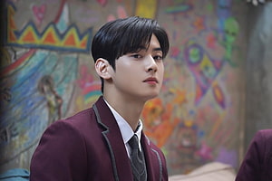 Cha Eun Woo in Maroon School Uniform with Colorful Mural Background HD wallpaper