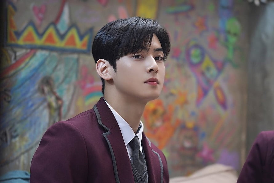 Cha Eun Woo in Maroon School Uniform with Colorful Mural Background HD wallpaper
