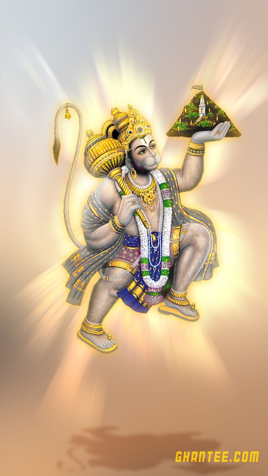 Lord Hanuman Flying with Golden Crown and Mountain Offering Divine Illustration, 1 best lord Hanuman for mobile s, flying hanuman HD phone wallpaper