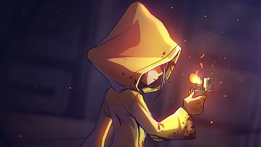 Six from Little Nightmares holding a lit lighter in a dark atmospheric scene HD wallpaper