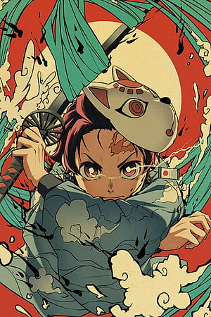 Demon Slayer Character with Fox Mask and Katana in Retro Ukiyo-e Style HD phone wallpaper
