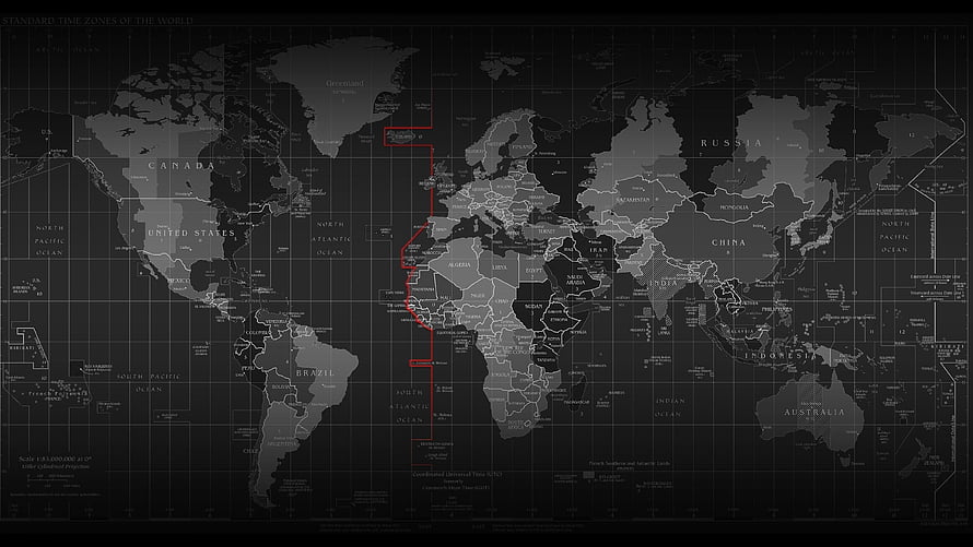 Dark World Time Zone Map With Red Meridian Line And Country Borders HD wallpaper