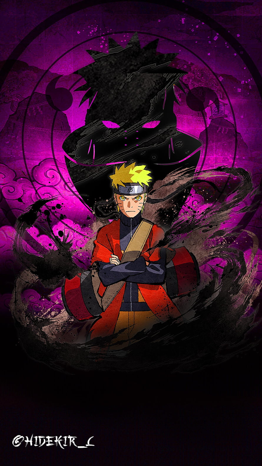 Naruto Uzumaki in Sage Mode with Shadow Silhouette Against Purple Background HD phone wallpaper