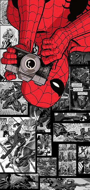 Spider-Man Holding Camera Over Black and White Comic Panels, Vintage Spiderman, spider man vintage HD phone wallpaper