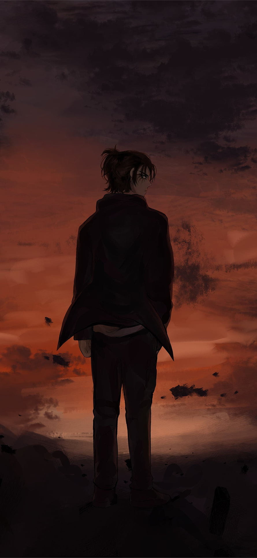 Eren Yeager from Attack on Titan Standing Silhouette Against Dramatic Red Sunset Sky HD phone wallpaper