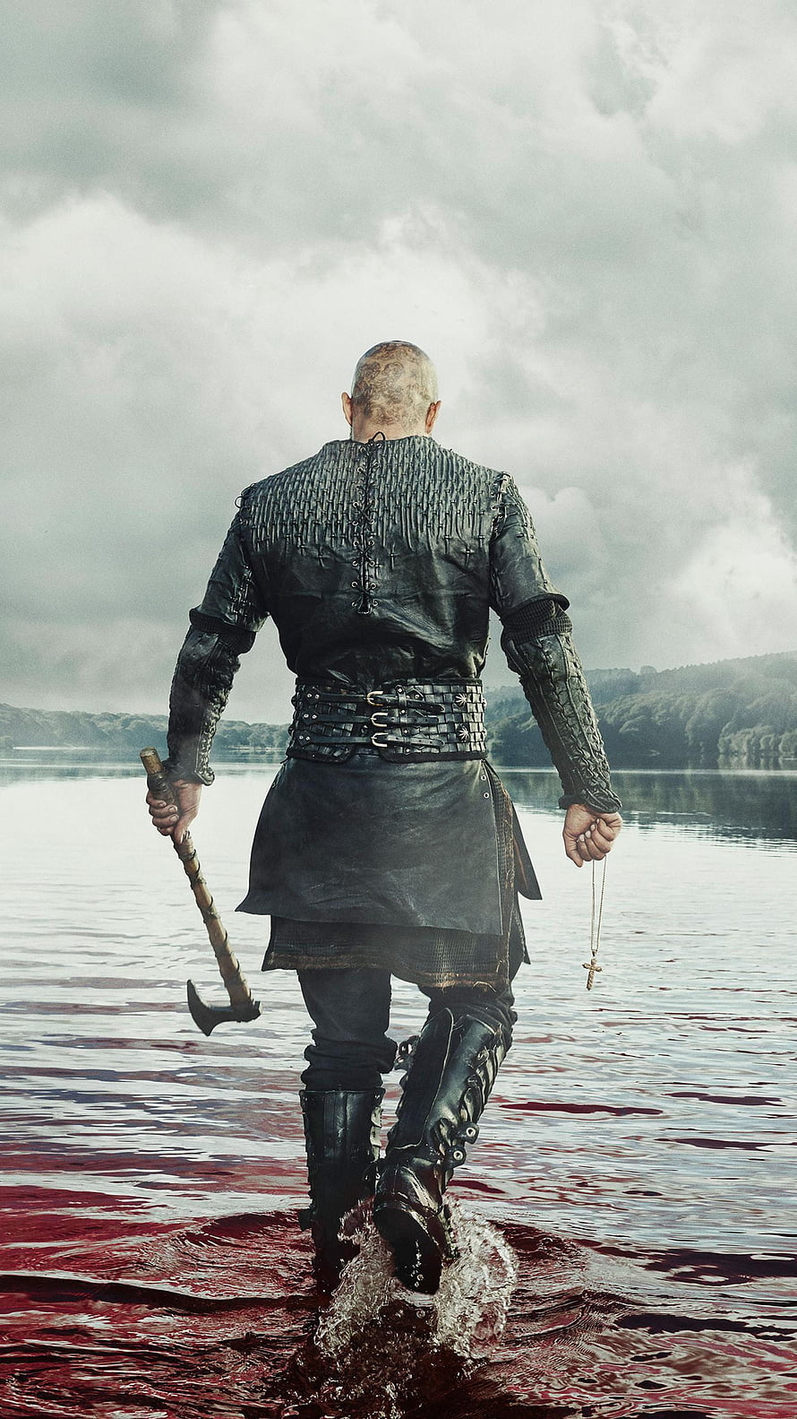 Ragnar Lothbrok Walking Through Blood-Stained Water Holding Axe and Cross HD phone wallpaper
