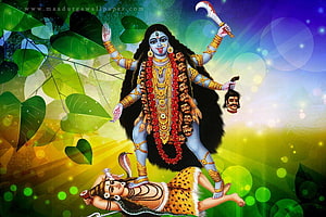 Goddess Kali Maa with multiple arms holding a sword and severed head, standing over a figure in a vibrant spiritual illustration HD wallpaper