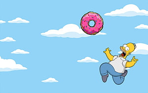 Homer Simpson Reaching for a Giant Pink Donut in the Cloudy Sky HD wallpaper