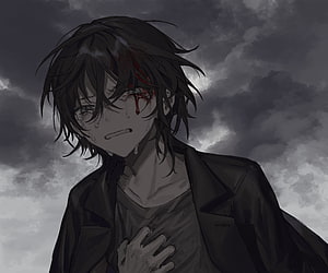 Injured Anime Boy With Bloodied Eye Under Stormy Grey Sky HD wallpaper