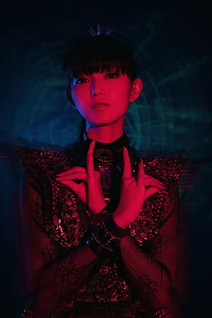 Suzuka Nakamoto in Dramatic Neon Red and Blue Lighting with Intricate Black Lace Costume HD phone wallpaper