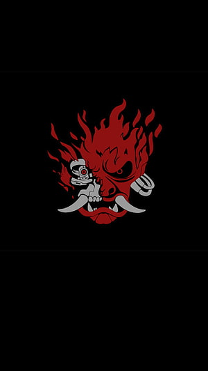 Cyberpunk 2077 Samurai Demon Mask with Cybernetic Eye and Fiery Red Hair on Black Background HD phone wallpaper