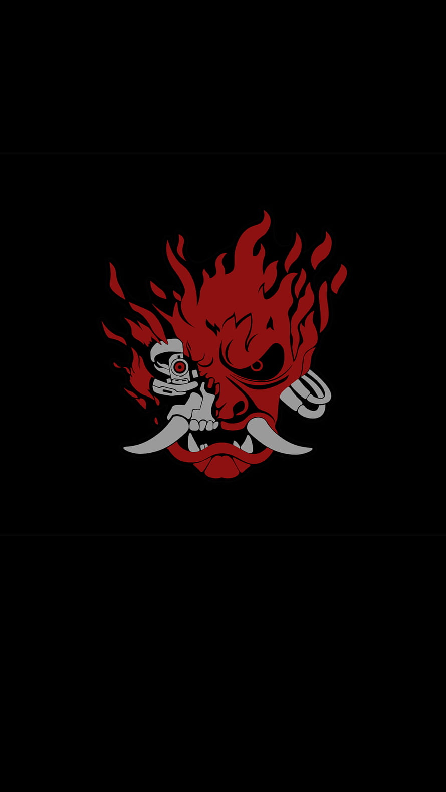 Cyberpunk 2077 Samurai Demon Mask with Cybernetic Eye and Fiery Red Hair on Black Background HD phone wallpaper