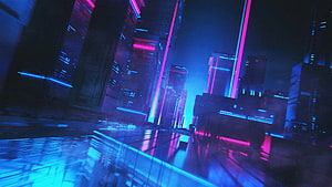 Beeple Futuristic Cyberpunk Cityscape with Neon Blue and Pink Skyscrapers HD wallpaper