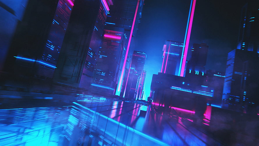 Beeple Futuristic Cyberpunk Cityscape with Neon Blue and Pink Skyscrapers HD wallpaper