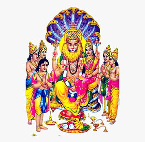 Lakshmi Narasimha Swamy Deity Illustration With Attendants And Ritual Offerings HD wallpaper