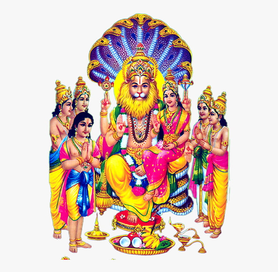 Lakshmi Narasimha Swamy Deity Illustration With Attendants And Ritual Offerings HD wallpaper