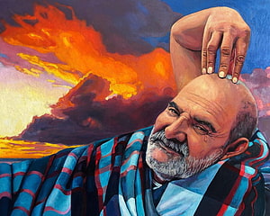 Neem Karoli Baba Portrait Painting with Dramatic Sunset Sky HD wallpaper