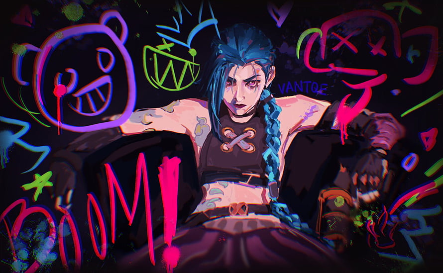 Jinx from Arcane in a Neon Graffiti Style with Blue Braids and Street Art Background HD wallpaper