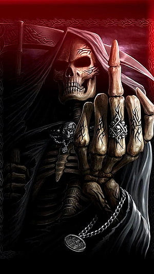 Skeletal Figure Raising Middle Finger in Dark Fantasy Artwork HD phone wallpaper