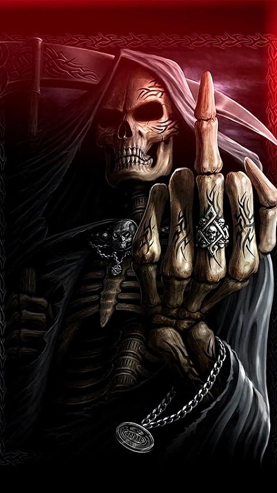 Skeletal Figure Raising Middle Finger in Dark Fantasy Artwork HD phone wallpaper