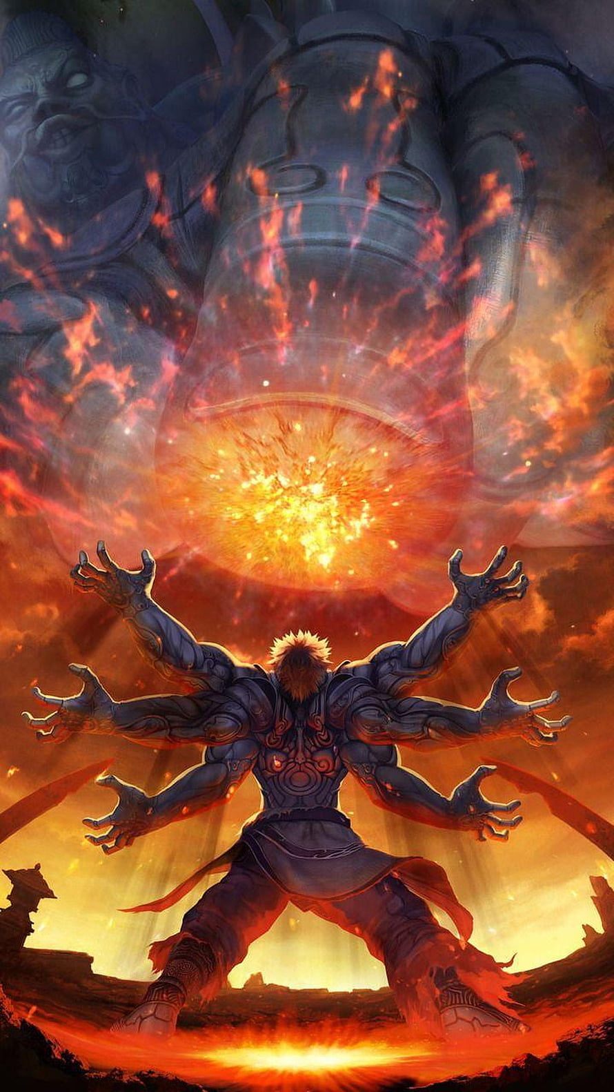 Asura's Wrath: Multi-Armed Warrior Channeling Cosmic Fire Energy HD phone wallpaper