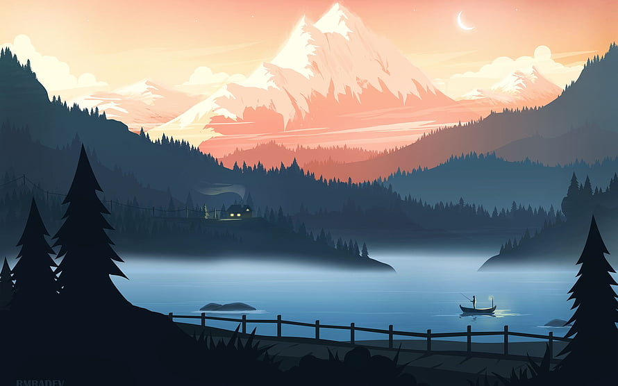 Minimalist Mountain Lake at Sunset with Cabin and Canoe HD wallpaper