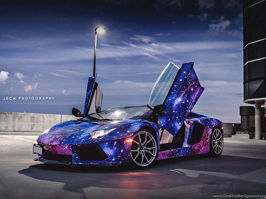 Galaxy Wrapped Lamborghini Aventador with Scissor Doors Open on Rooftop HD wallpaper
