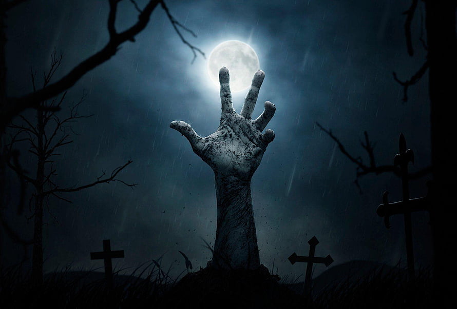 Halloween Horror: Zombie Hand Reaching From Graveyard Under Full Moon HD wallpaper