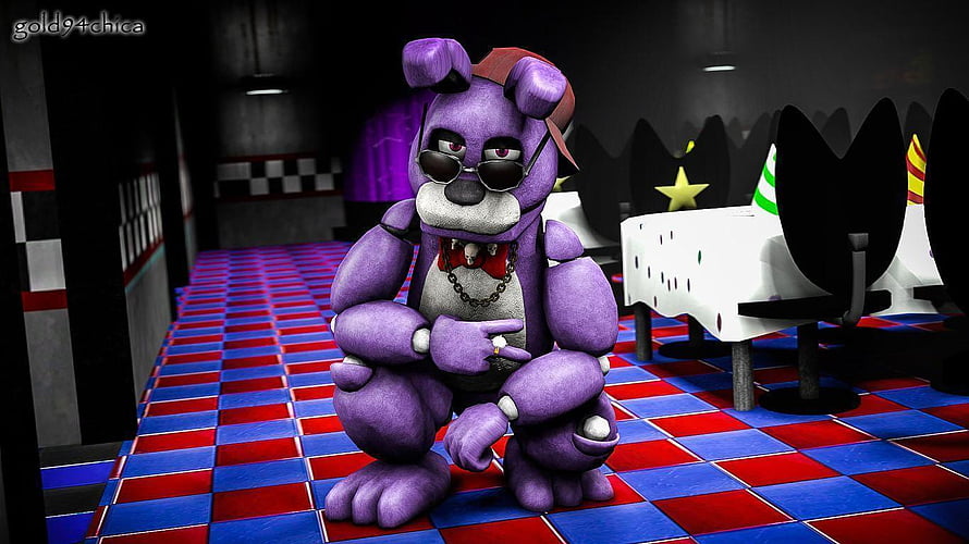 Purple Bonnie animatronic from Five Nights at Freddy's sitting in a dark pizzeria with checkered floor HD wallpaper