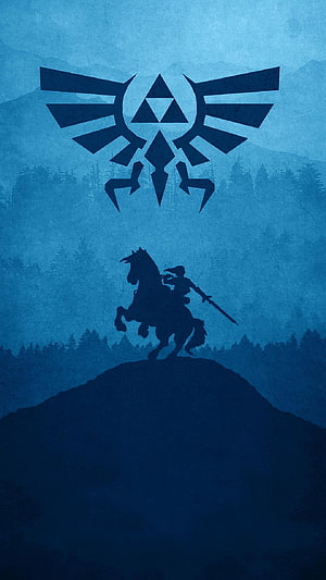 The Legend of Zelda Hero on Horseback Silhouette with Royal Crest Against Misty Mountain Landscape HD phone wallpaper