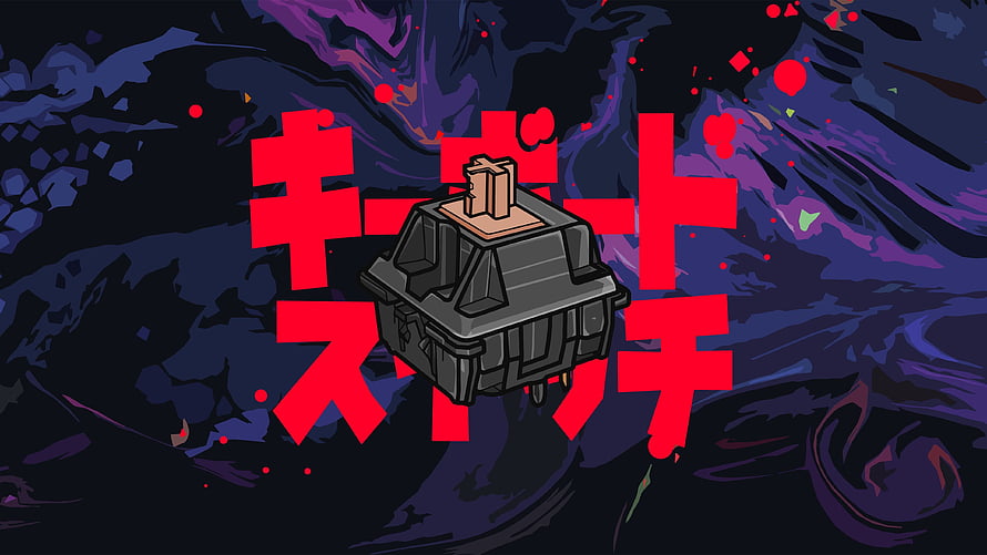 Isometric Mechanical Keyboard Switch Illustration with Red Japanese Typography HD wallpaper