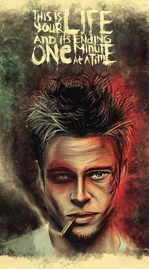 Brad Pitt as Tyler Durden in Fight Club with cigarette and gritty painted portrait HD phone wallpaper