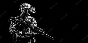 Black and White Special Forces Soldier with Night Vision Goggles and Tactical Rifle HD wallpaper