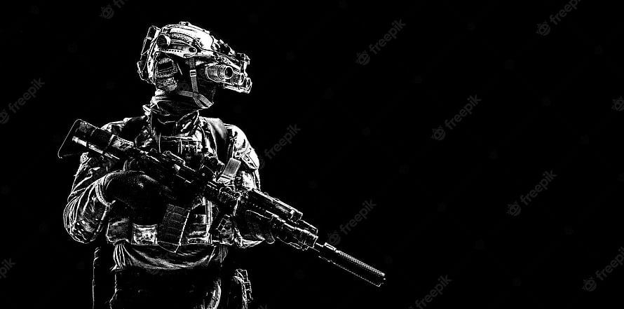 Black and White Special Forces Soldier with Night Vision Goggles and Tactical Rifle HD wallpaper