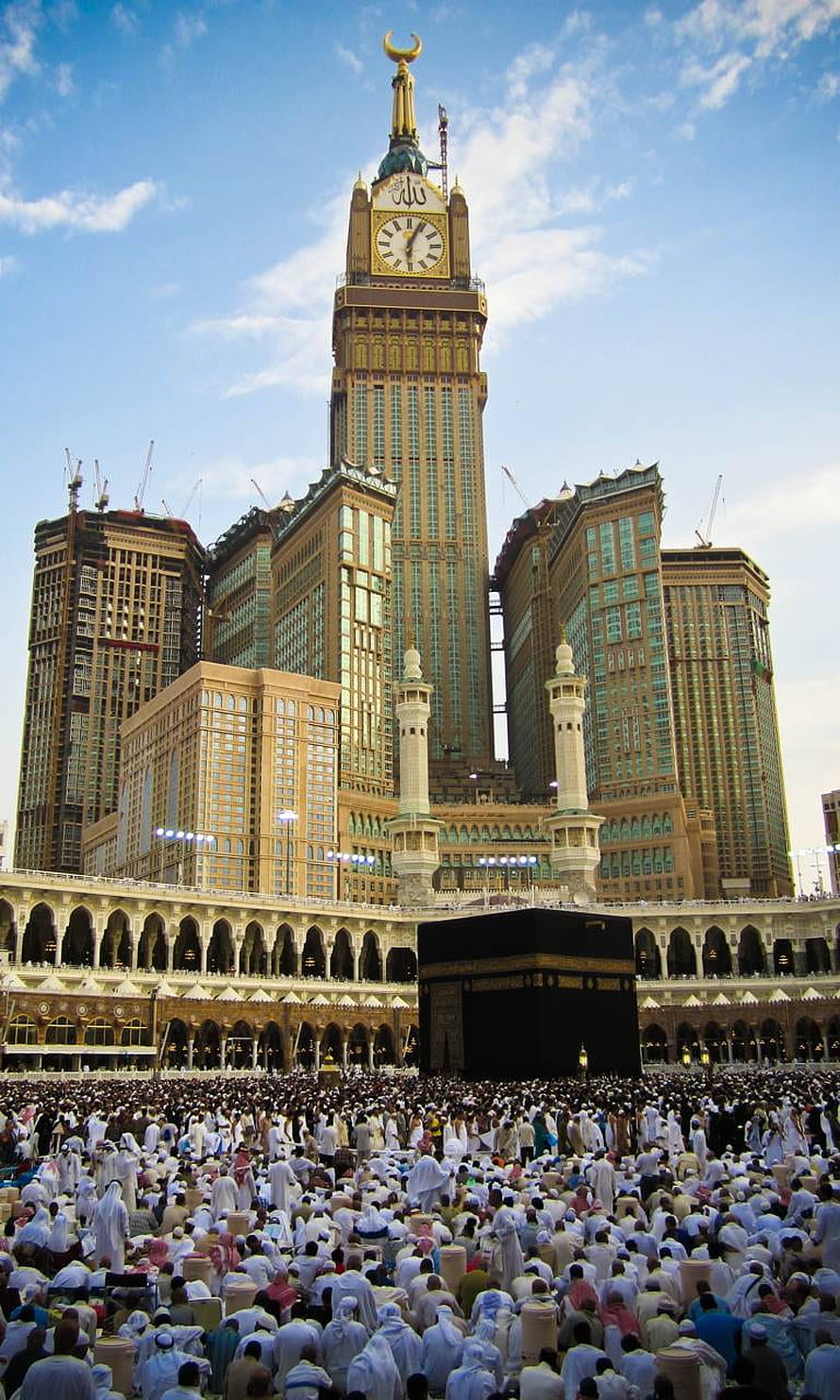 Grand Mosque in Mecca with Kaaba and Makkah Clock Tower surrounded by pilgrims HD phone wallpaper