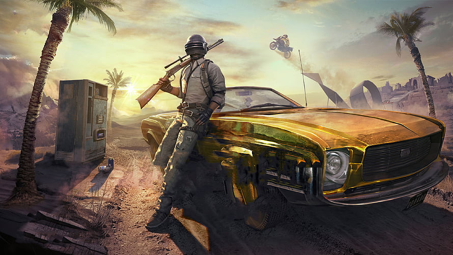 PUBG Mobile Desert Wasteland Scene With Armed Soldier And Gold Muscle Car HD wallpaper