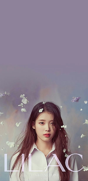 IU Lilac Album Artwork with Floating Petals and Soft Lavender Background HD phone wallpaper