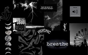 Dark Aesthetic Collage Wallpaper with Moon Phases, Lightning, and Film Elements HD wallpaper