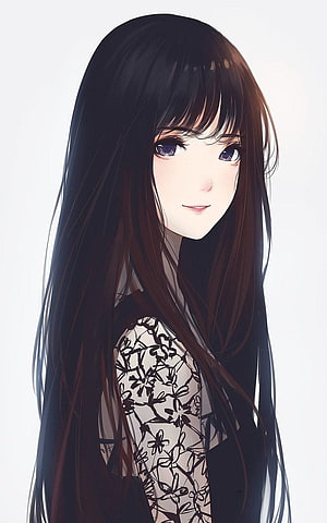 Anime Girl Portrait With Long Dark Hair And Floral Lace Dress HD phone wallpaper