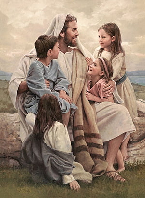 Jesus With Children Oil Painting: A Tender Biblical Scene of Faith and Compassion HD phone wallpaper