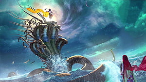 Krishna Standing on the Multi-Headed Serpent Kaliya in a Mythological Ocean Scene HD wallpaper