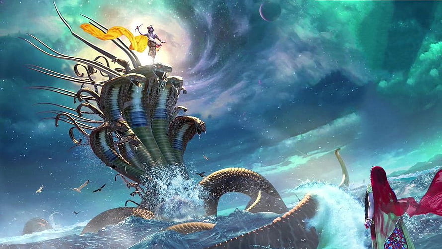 Krishna Standing on the Multi-Headed Serpent Kaliya in a Mythological Ocean Scene HD wallpaper