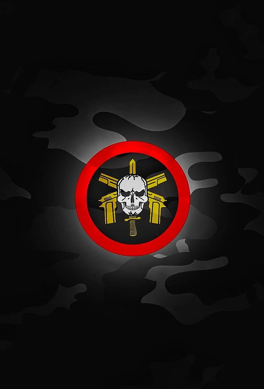 BOPE Tactical Emblem with Skull and Crossed Rifles on Dark Camouflage Background HD phone wallpaper
